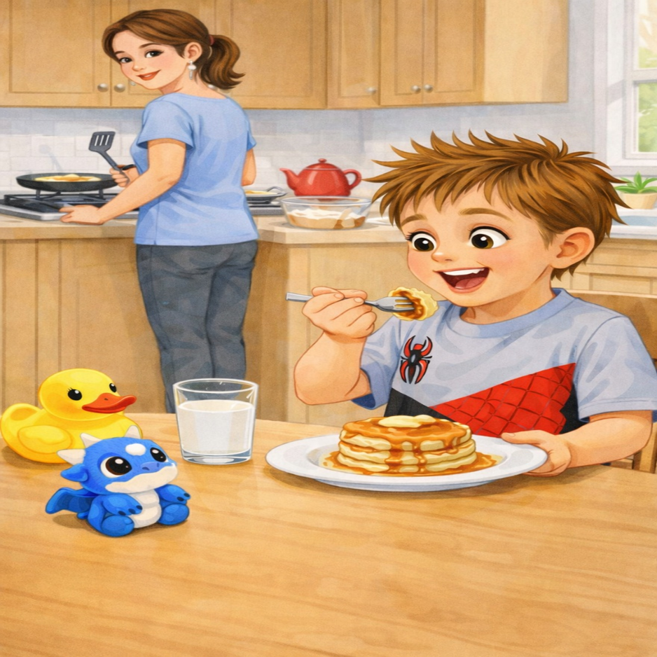 Tucker, Duckie and Dino having pancakes